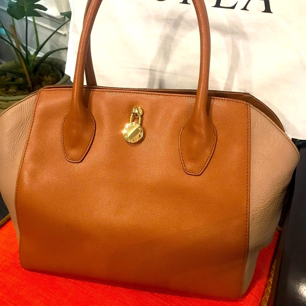 Authentic “Olympia” Furla soft leather color block shoulder bag